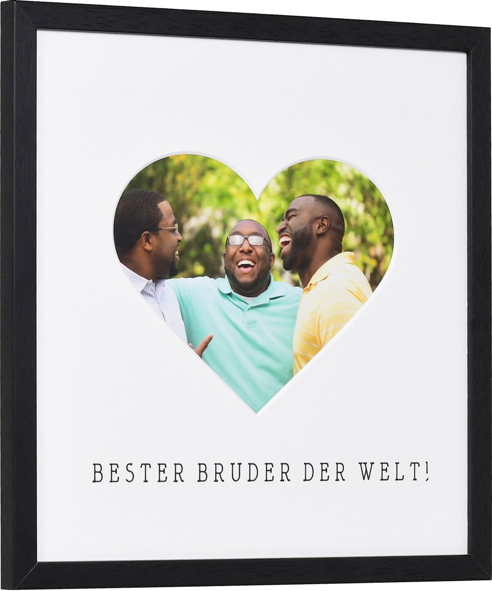 seitliche Ansicht eines Bilderrahmens mit Herzausschnitt für den besten Bruder der Welt in der Farbe Schwarz